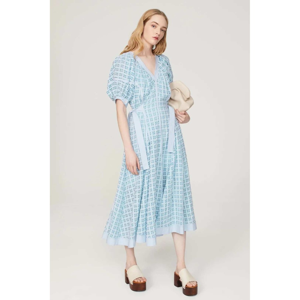 3.1 Phillip Lim Blue Taffeta Midi Dress Gingham Puff Sleeve V-Neck Women Sz 8